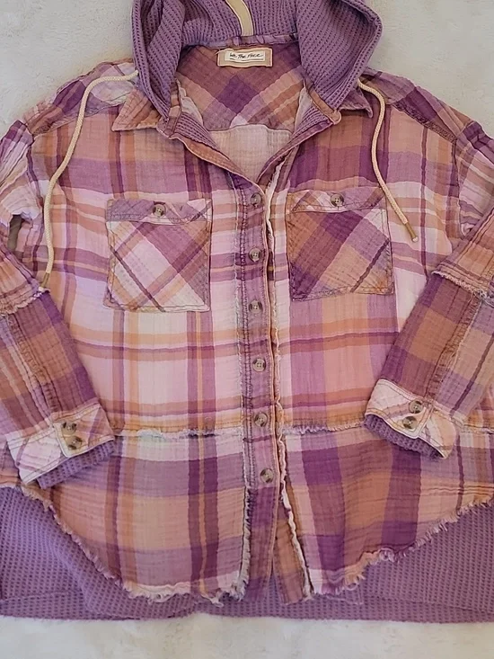 Free People We The Free Lavender Plaid Waffle Hooded Distressed Button-Up. Small - Picture 1 of 7